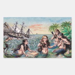 Sticker Rectangulaire Antique Victoriens Sirènes Trésor Navire Vintage