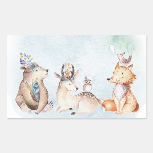 Sticker Rectangulaire Aquarelle Boho Ours Rustique Animaux Baby shower (Devant)