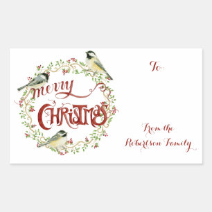 Sticker Rectangulaire Aquarelle Chickadee Birds Joyeux Noël Wreath