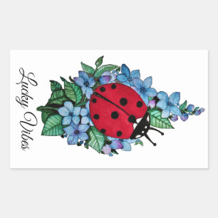 Sticker Rectangulaire Aquarelle Cute Ladybird Avec Fleurs Bleues Sauvage