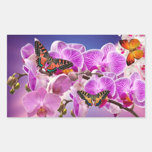 Sticker Rectangulaire Aquarelle de fleur d'orchidée rose violet