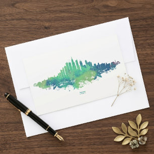 Sticker Rectangulaire Aquarelle de la skyline de Chicago Bleu Vert Art d