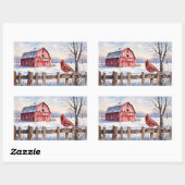 Sticker Rectangulaire Aquarelle Grange rouge et hiver cardinal (Feuille)