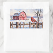 Sticker Rectangulaire Aquarelle Grange rouge et hiver cardinal (Sac)