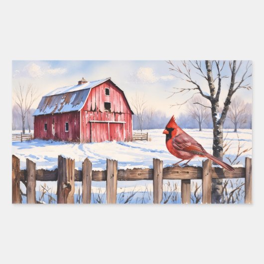 Sticker Rectangulaire Aquarelle Grange rouge et hiver cardinal (Devant)