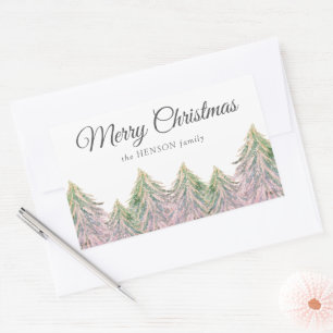 Sticker Rectangulaire Aquarelle rose Arbres Forêt Noël Artistique Re