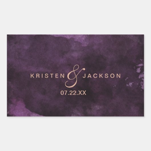 Sticker Rectangulaire Aquarelle violet foncé Rose or Mariage Monogramme (Devant)
