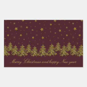Sticker Rectangulaire Arbre de Noël en or brillant, lune, étoiles sur ro