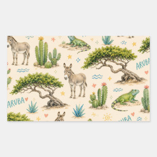 Sticker Rectangulaire Arbre divi d'Aruba, âne, iguane, cactus