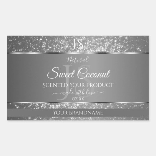 Sticker Rectangulaire Argent Gris Parties scintillant Étoiles Initiales (Devant)