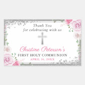 Sticker Rectangulaire Argent rose Floral Premier Saint Communion Merci (Devant)