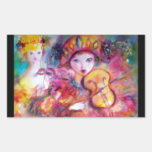 Sticker Rectangulaire ARLECCHINO ET COLOMBINA, Rose Fuchsia Jaune Bleu