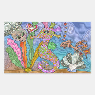 Sticker Rectangulaire Art de Tortue de Mer Cheval Marin Psychédélique