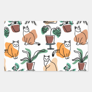 Sticker Rectangulaire Art de trait dessin chats et fleurs