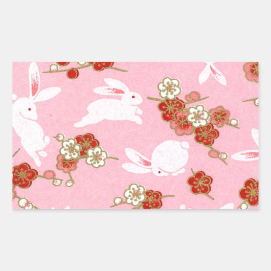 Sticker Rectangulaire Art japonais : Sakuras et lapins roses (Devant)