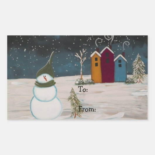 Sticker Rectangulaire Art populaire primitif Snowman scène de neige (Devant)