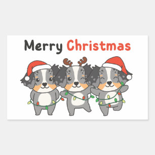 Sticker Rectangulaire Australian Shepherd Joyeux Chiens de Noël