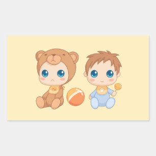 Sticker Rectangulaire Baby Boy Twins Bear Jumpsuit on Yellow