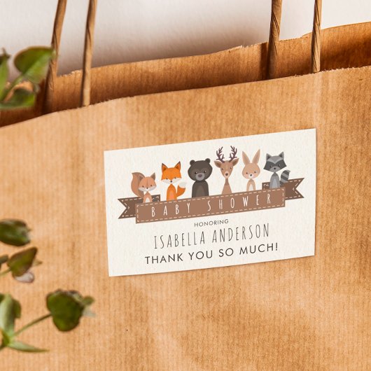 Sticker Rectangulaire Baby shower d'animaux de bois mignons | MERCI