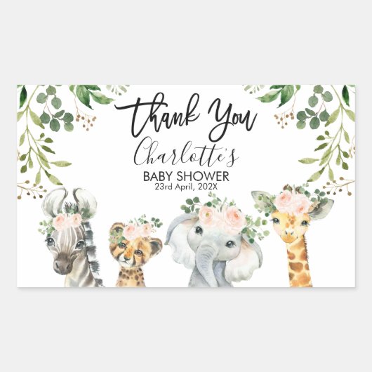 Sticker Rectangulaire Baby shower Filles Safari Animaux (Devant)
