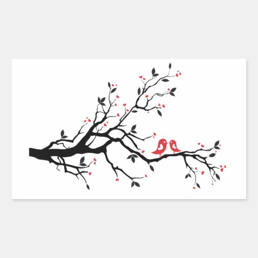 Sticker Rectangulaire Baiser oiseau sur branche d'arbre avec des feuille (Devant)