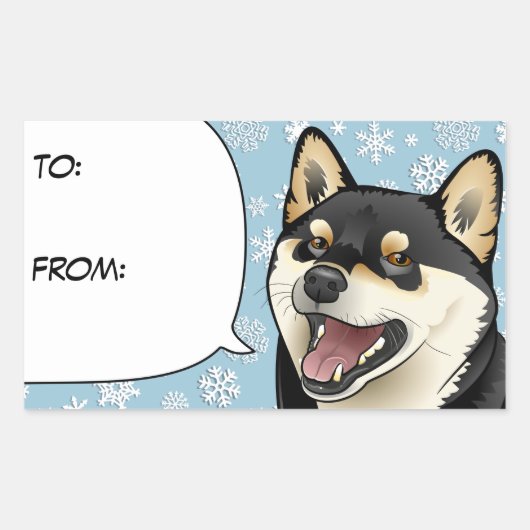 Sticker Rectangulaire Balise cadeau Joyeux Noël noir et Tan Shiba Inu (Devant)