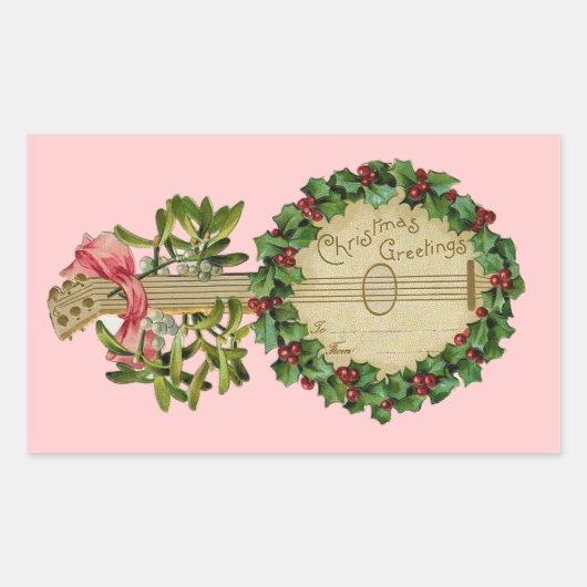 STICKER RECTANGULAIRE BANJO DE NOËL AVEC MISTLETOES ET BERRIES SAINES (Devant)