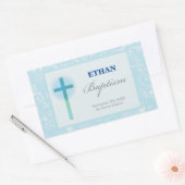 Sticker Rectangulaire Baptême de garçon au dentelle bleue (Enveloppe)