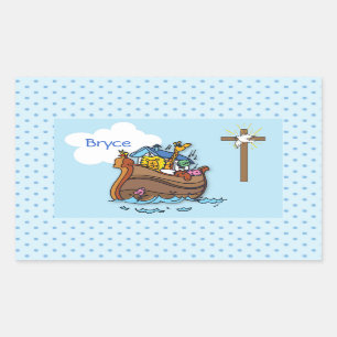 Sticker Rectangulaire Baptême personnalisable de bébé Arche de Noé, garç