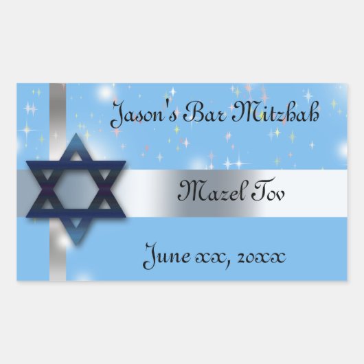 Sticker Rectangulaire Bar Mitzvah, Etoile de David, Bleu et Argent (Devant)