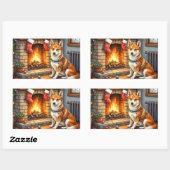 Sticker Rectangulaire Basenji Sitting by Fireplace with Christmas Lights (Feuille)