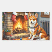 Sticker Rectangulaire Basenji Sitting by Fireplace with Christmas Lights (Devant)