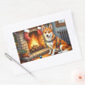 Sticker Rectangulaire Basenji Sitting by Fireplace with Christmas Lights (Enveloppe)