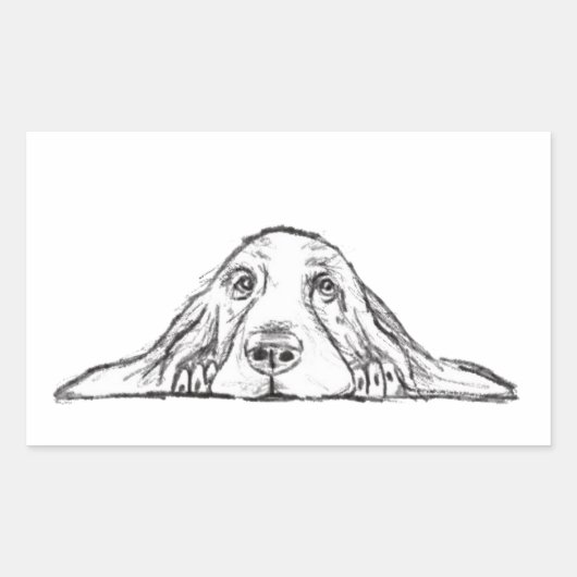 Sticker Rectangulaire basset hound noir blanc yeux de chiot simple (Devant)