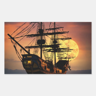 Sticker Rectangulaire Bateau Pirate Épique Silhouette Coucher de Soleil