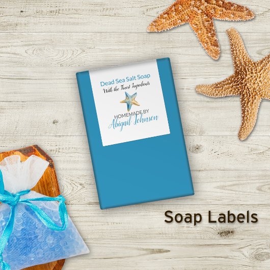 Sticker Rectangulaire Beach-Themed Blue + Starfish Handmade Soap Label