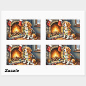 Sticker Rectangulaire Beagle Sitting by Fireplace with Christmas Lights (Feuille)