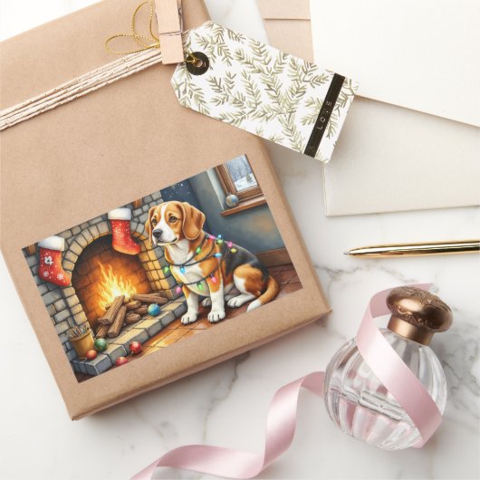 Sticker Rectangulaire Beagle Sitting by Fireplace with Christmas Lights (Cadeaux)