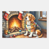 Sticker Rectangulaire Beagle Sitting by Fireplace with Christmas Lights (Devant)