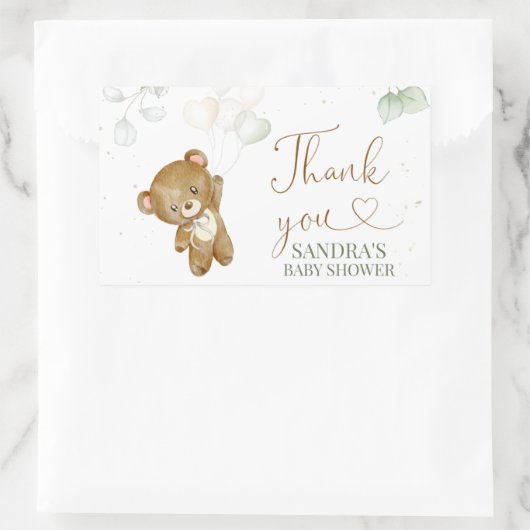 Sticker Rectangulaire Bear Balloon vert Baby shower Merci (Sac)