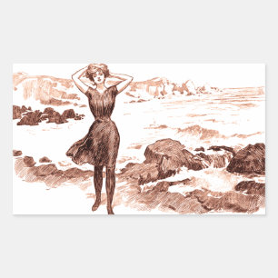 Sticker Rectangulaire Beauté de bain sirène de plage Gibson vintage