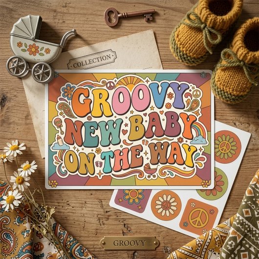 Sticker Rectangulaire Bébé Groovy en Route Rétro Soleil