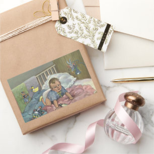 Sticker Rectangulaire Bébé mignon vintage jouant dans un berceau, heure 