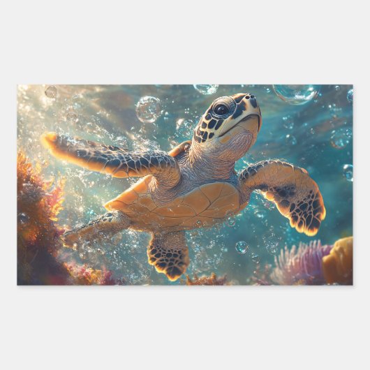 Sticker Rectangulaire Bébé mignonne tortue de mer avec bulles (Devant)