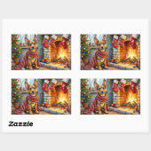 Sticker Rectangulaire Belgian Malinois Fireplace with Christmas Lights (Feuille)