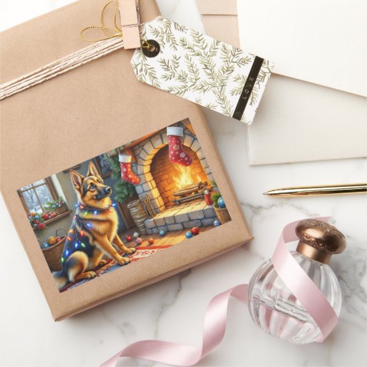 Sticker Rectangulaire Belgian Shepherd Fireplace with Christmas Lights (Cadeaux)