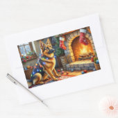 Sticker Rectangulaire Belgian Shepherd Fireplace with Christmas Lights (Enveloppe)