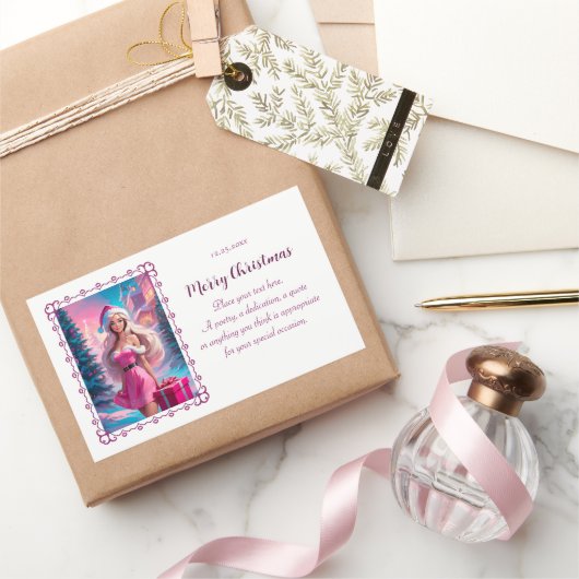 Sticker Rectangulaire Belle fille de Noël rose 01 (Cadeaux)