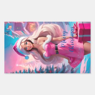 Sticker Rectangulaire Belle fille de Noël rose 01