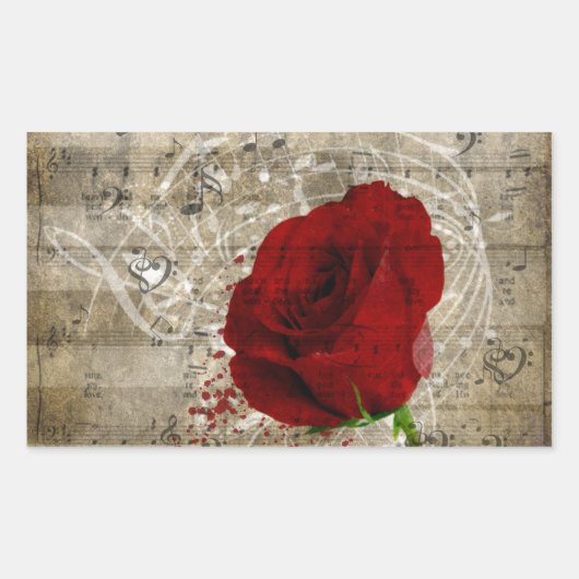 Sticker Rectangulaire Belle rose rouge notes piano tourbillonné (Devant)